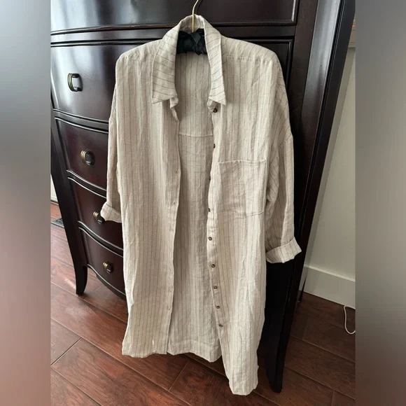 Rebecca King one-of-a-kind sample oatmeal linen stripe duster with pockets - Picture 3 of 15